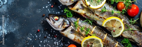 Whole grilled fish with lemon and herbs on dark - Whole grilled fish with lemon slices, herbs and a garnish on a dark textured background