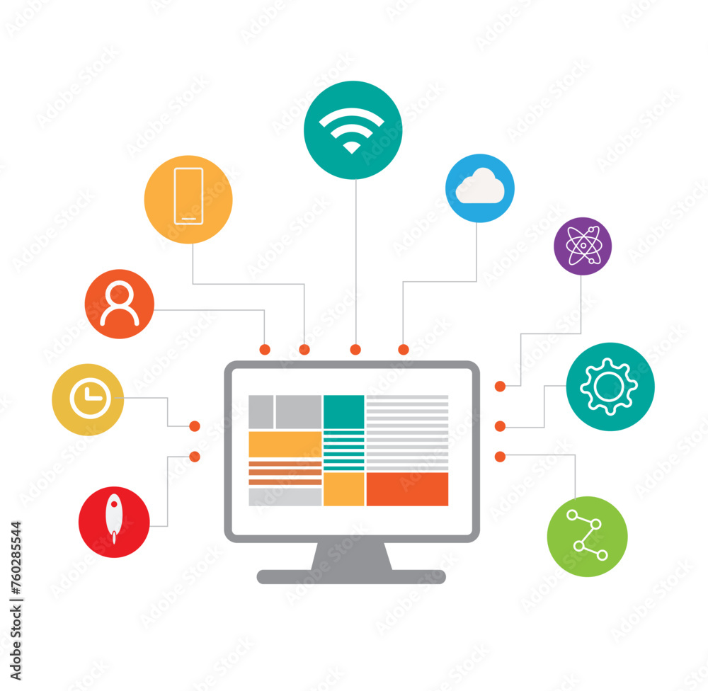 Computer interface with technology icons design vector illustration
