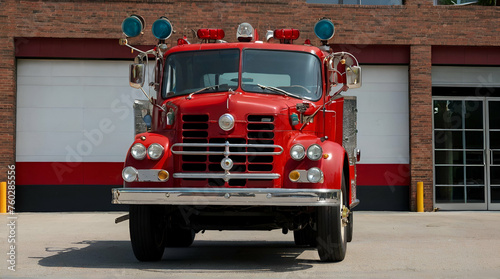 Front view of an old fire truck in front of a fire station. generative.ai