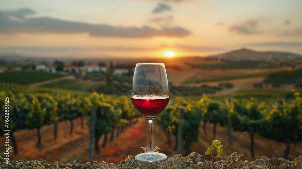a glass of red wine with a background of vineyards