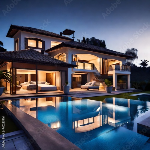 luxurious villa with swimming pool at dusk © Muhammad