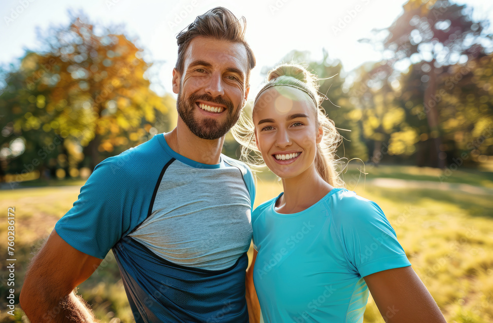 Portrait of a happy young couple doing sport in the park, representing a healthy lifestyle concept