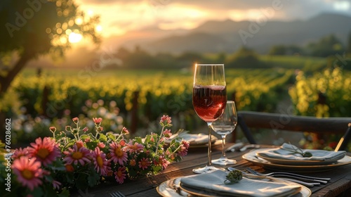 photograph of a professional half-filled glass of red wine on an elegantly set table with luxurious plates