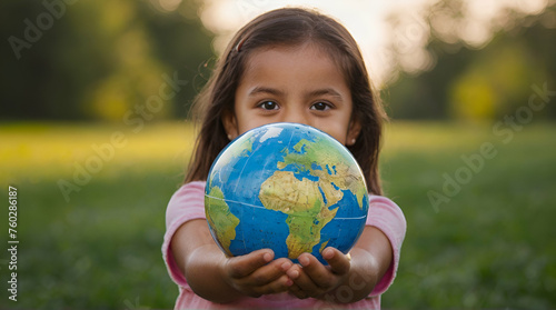 International day of peace concept. Two African little girls holding earth globe. African children holding planet earth planet earth over defocused nature background. generative.ai