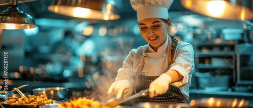 chef woman in uniform cooking in kitchen in ruxury restaurant