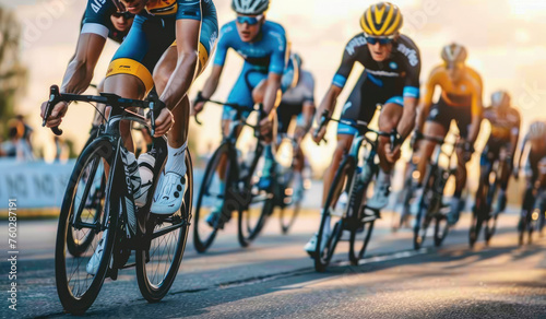 Ordering of professional cyclists riding in a race on road bikes with a group of cyclists racing behind, close up view, golden hour light