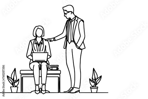 Business man helps colleague at work place and give encouragement vector illustration on white background. continuous one line drawing cartoon