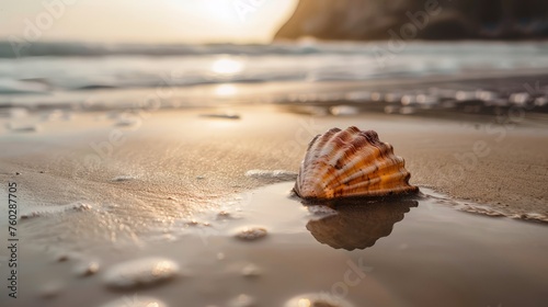 Photos of beautiful tropical beach with conch shell sea on the sand, peaceful and relaxing atmosphere