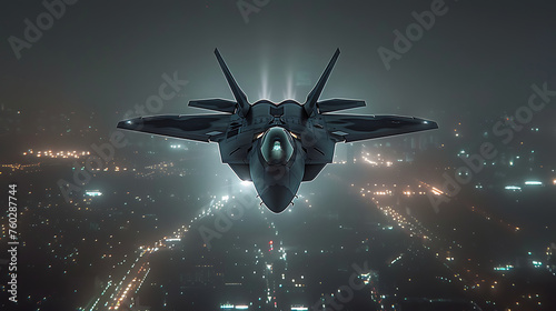 Jet fighter F-22 Raptor flying through the clouds in the night above of city lights