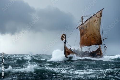 Traditional Viking Ship in Storm at Sea photo