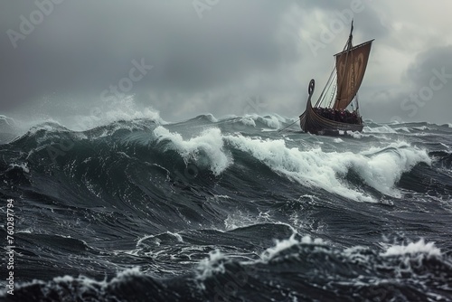 Traditional Viking Ship in Storm at Sea