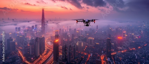 Urban drone, high angle, managing autonomous drone delivery, futuristic cityscape