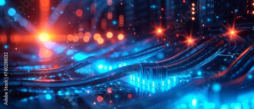 Web banner of glowing data cables transferring information inside computer server, internet connection concept