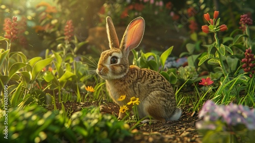 Rabbit as a gardener  lush green garden  ground level  golden hour lightinglow noise