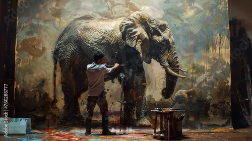 Elephant painter in a studio, natural light, wide angle, pastel palettelow texture © kitidach