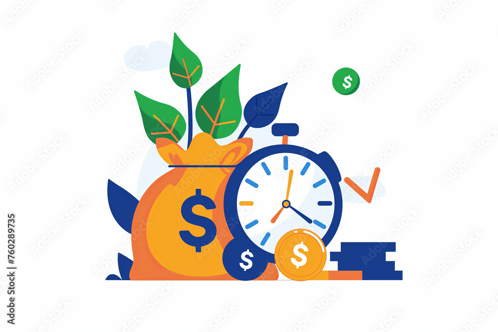 A money bag with a clock symbolizes a time of investment, waiting for yield, return expectancy, loan, profit, banking deposit, flat cartoon illustration A money bag with a clock symbolizes a time of investment, waiting for yield, return expectancy, loan, profit, banking deposit, flat cartoon illustration