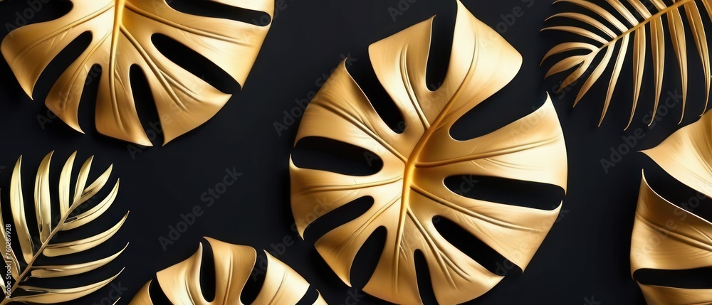Luxury tropical leaves in gold and black. Dark Monstera and palm graphic design. Luxury tropical leaves in gold and black. Dark Monstera and palm graphic design.
