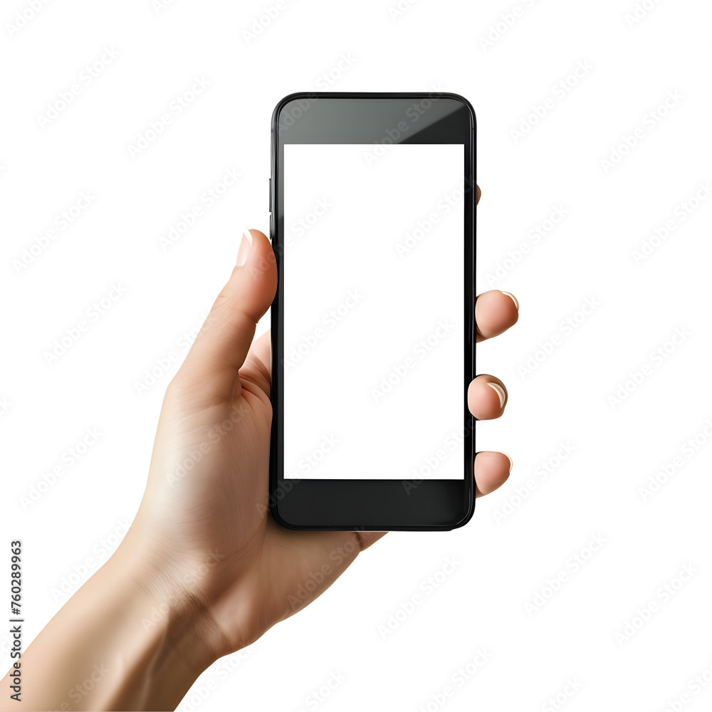 Hand holding a smartphone with white screen isolated on transparent background