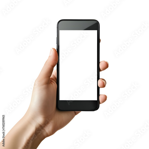 Hand holding a smartphone with white screen isolated on transparent background