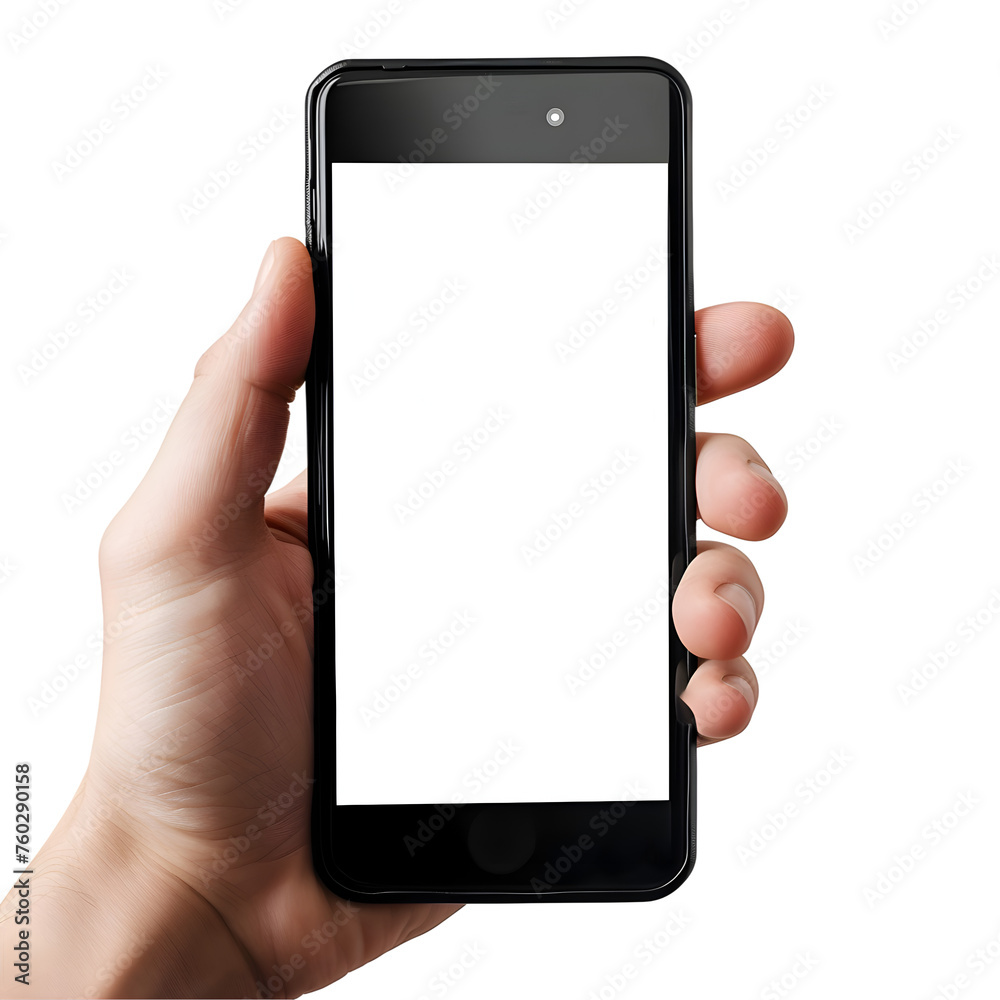 Hand holding a smartphone with white screen isolated on transparent background Hand holding a smartphone with white screen isolated on transparent background