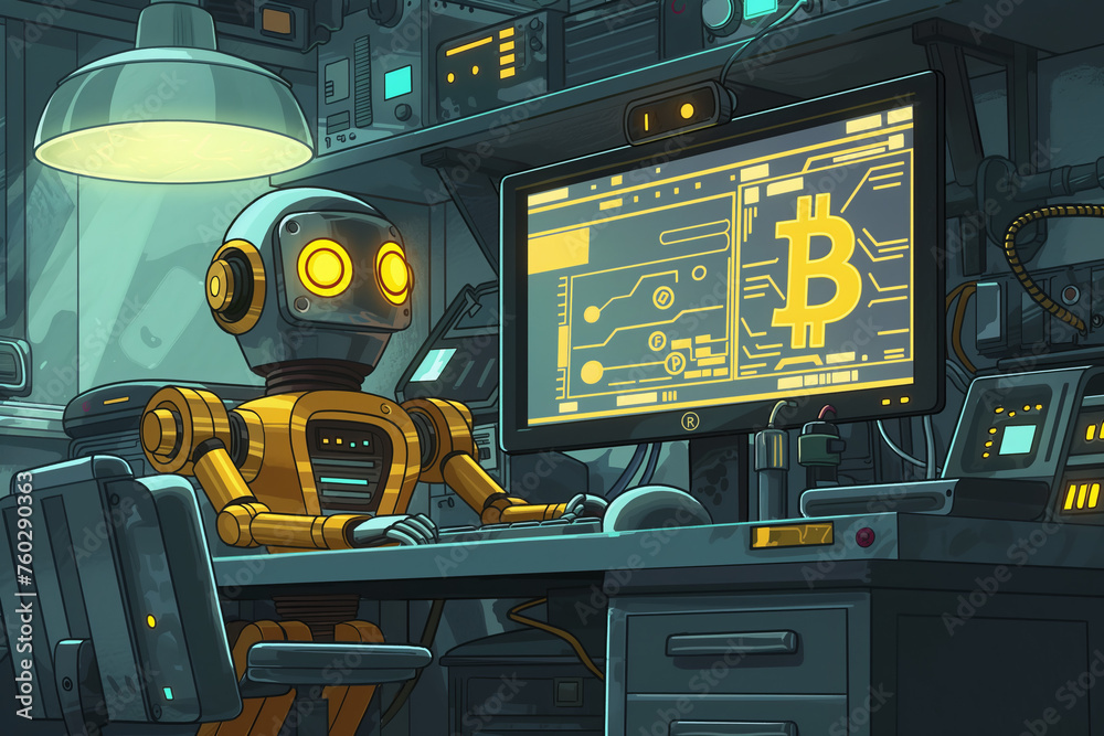Fototapeta premium A robot trading cryptocurrency crypto market, artificial intelligence business concept, cartoon illustration