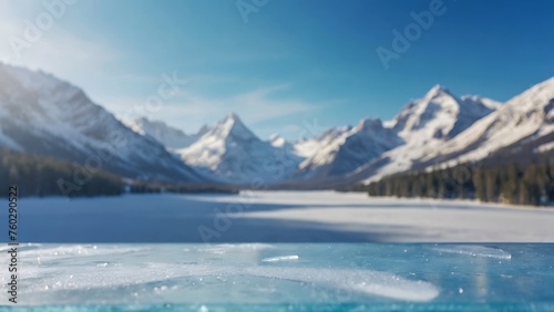 Winter Wonderland: Majestic mountains overlooking a tranquil lake, surrounded by snowy landscapes and reflected in icy waters