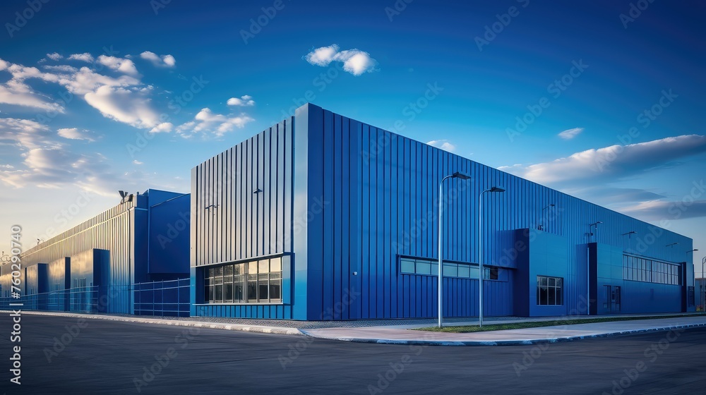 logistics blue warehouse building illustration distribution facility, architecture steel, metal structure logistics blue warehouse building