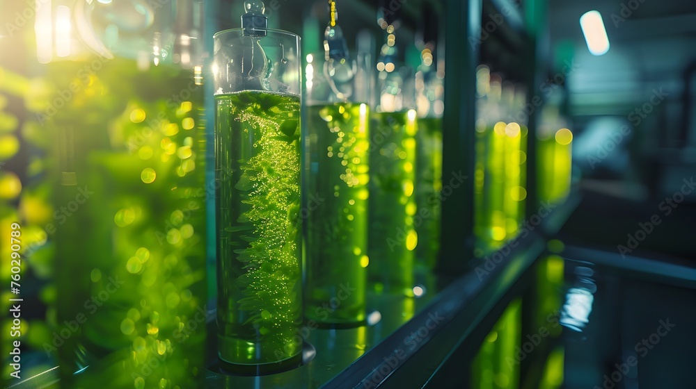 Advanced Algae Biofuel Technology: Green Aquaculture in Sunlit Factory Farms - obrazy, fototapety, plakaty 