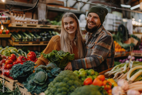 happy young couple buying fresh food