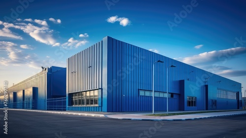 logistics blue warehouse building illustration distribution facility, architecture steel, metal structure logistics blue warehouse building © sevector