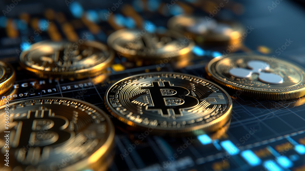 Crypto Bitcoins coins on financial blue background 3d illustration