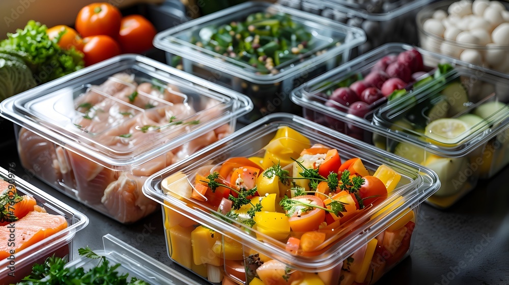 Fresh Food Storage in Colorful Plastic Containers Emphasizing Meal Planning and Reduced Waste