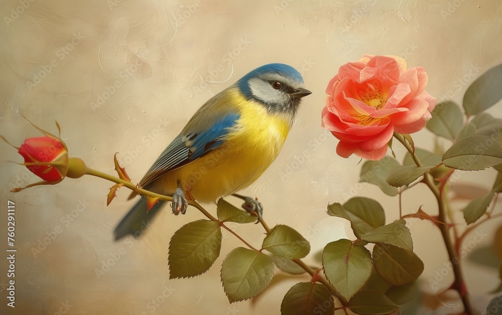 A delightful Blue Tit rests inquisitively on a flowering rose limb