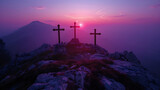 Three Crosses on the Top of the Mountain at Sunrise, Religious Symbolism, Easter Morning Concept, Spiritual Landscape, Generative AI

