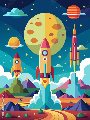Rockets soar against a picturesque backdrop of mountains and a vibrant sky, creating a dynamic and inspiring landscape.