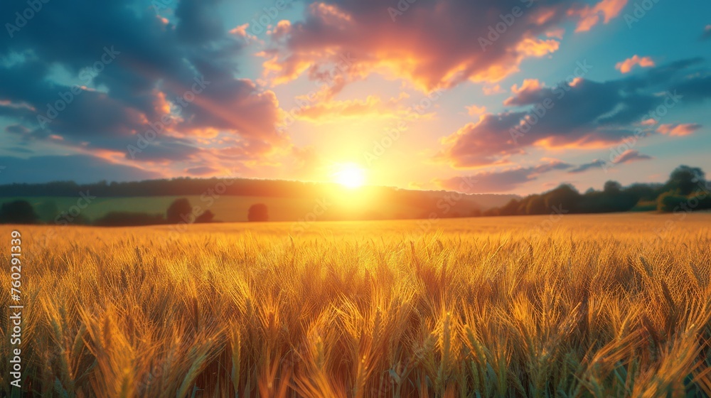 Golden Wheat Field at Sunset - obrazy, fototapety, plakaty 