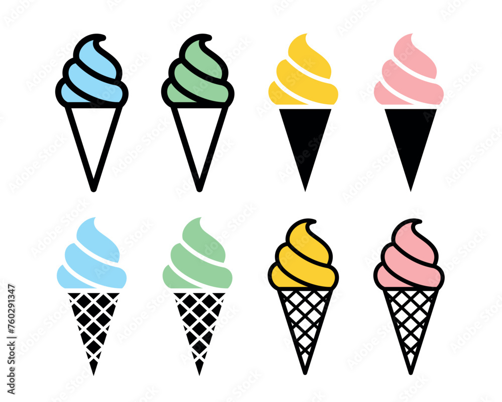 Ice cream icons set. Symbol of dessert, cold or sweet. Ice cream in a waffle cup.