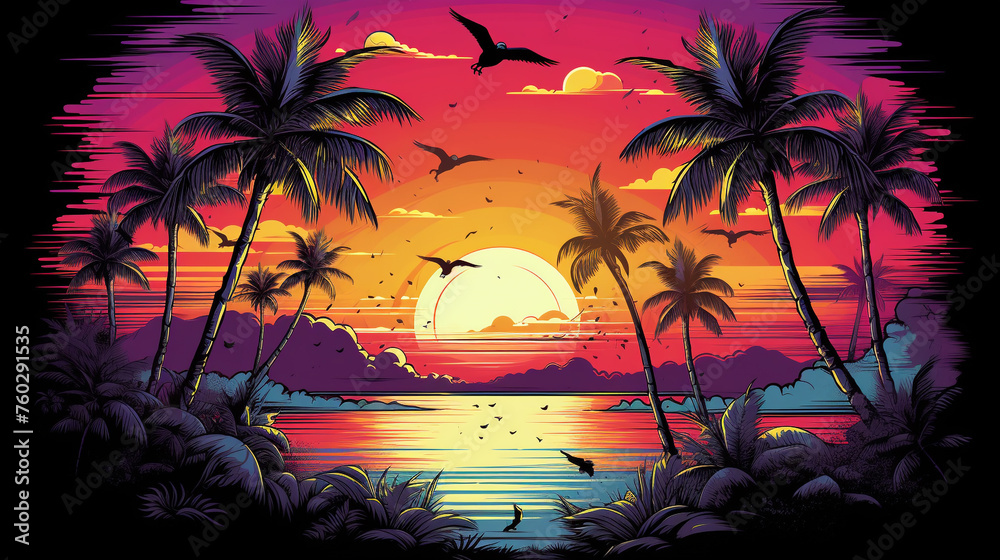 tropical sunset with trees - obrazy, fototapety, plakaty 