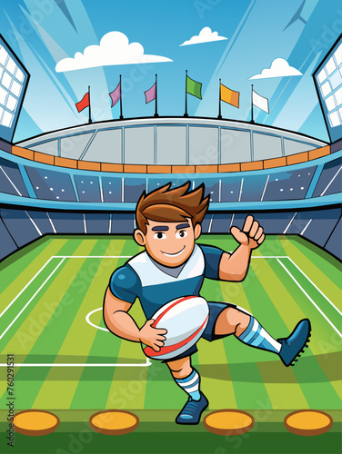 A rugby ball sits on a lush green field with a blurred crowd of fans in the background.