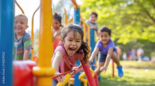 A group of children playing in a park, laughter and joy, diverse ages and ethnicities, sunny day, green grass and playground equipment. Resplendent.