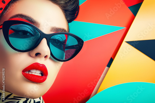 Retro pop art collage of a beautiful woman on red paper background, female fashion model, abstract young beautiful social media trendy style wearing sunglasses