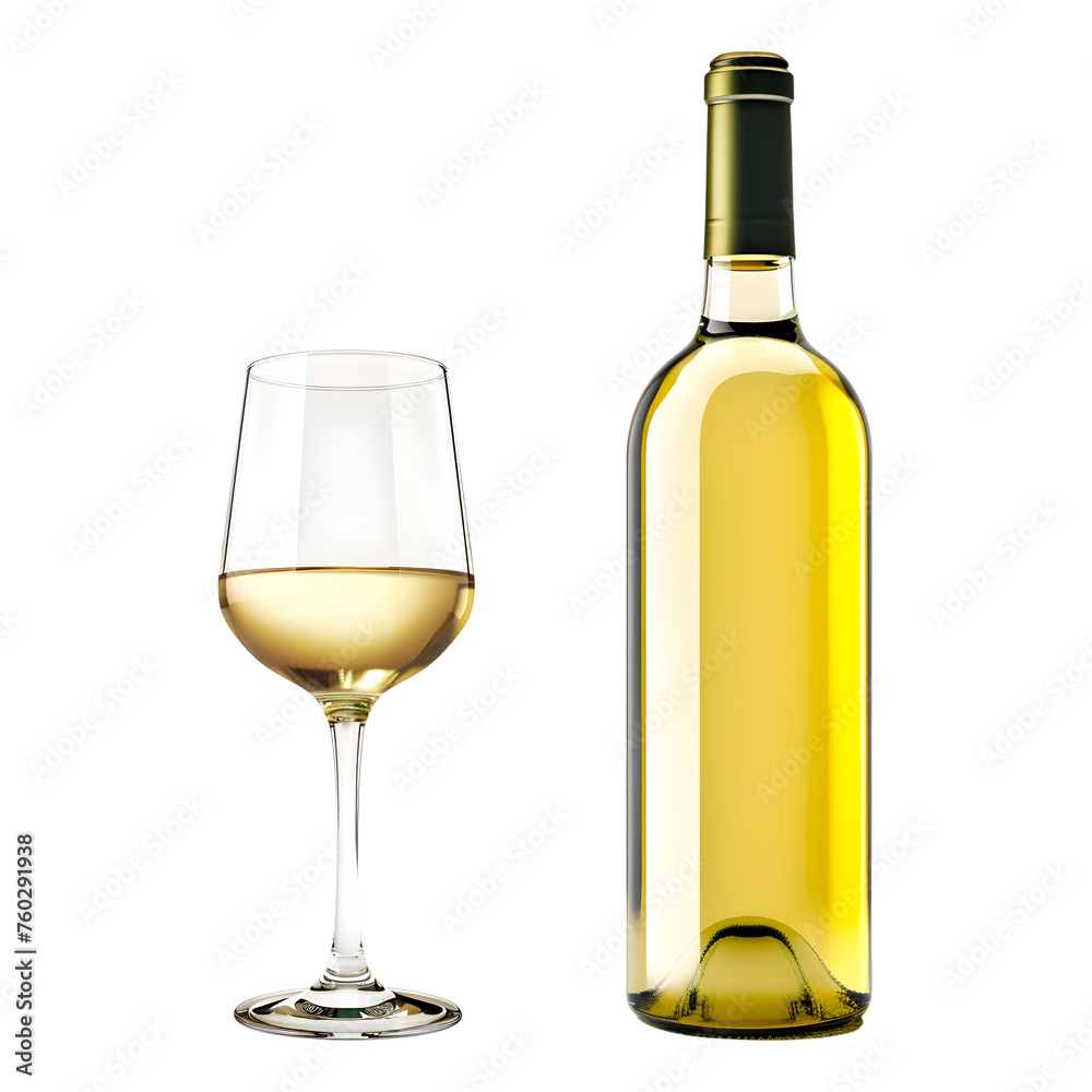 Glass with wine and white wine bottle isolated on transparent background Glass with wine and white wine bottle isolated on transparent background