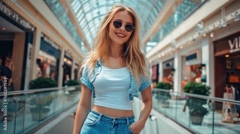 A beautiful young Caucasian woman rocks jeans with style during a fashionable shopping tour, Ai Generated.
