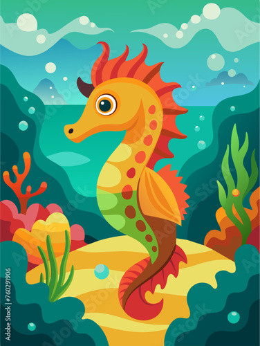 A majestic seahorse glides effortlessly through a tranquil underwater world  surrounded by vibrant corals and shimmering sunlight.