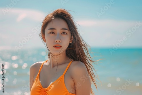 An Asian girl in a bright-colored singlet graces the beach, capturing the essence of a sunny day, Ai Generated.