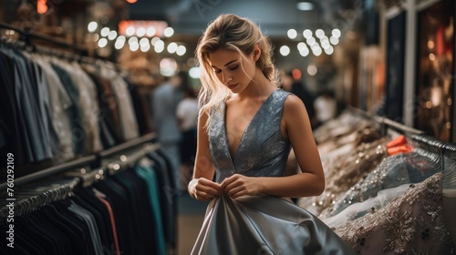 A candid capture of a young woman joyfully shopping for the perfect gown, a moment of delightful anticipation, Ai Generated.