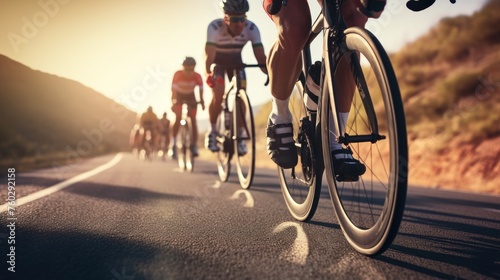 Close up group of cyclists with professional racing sports gear riding on an open road cycling route