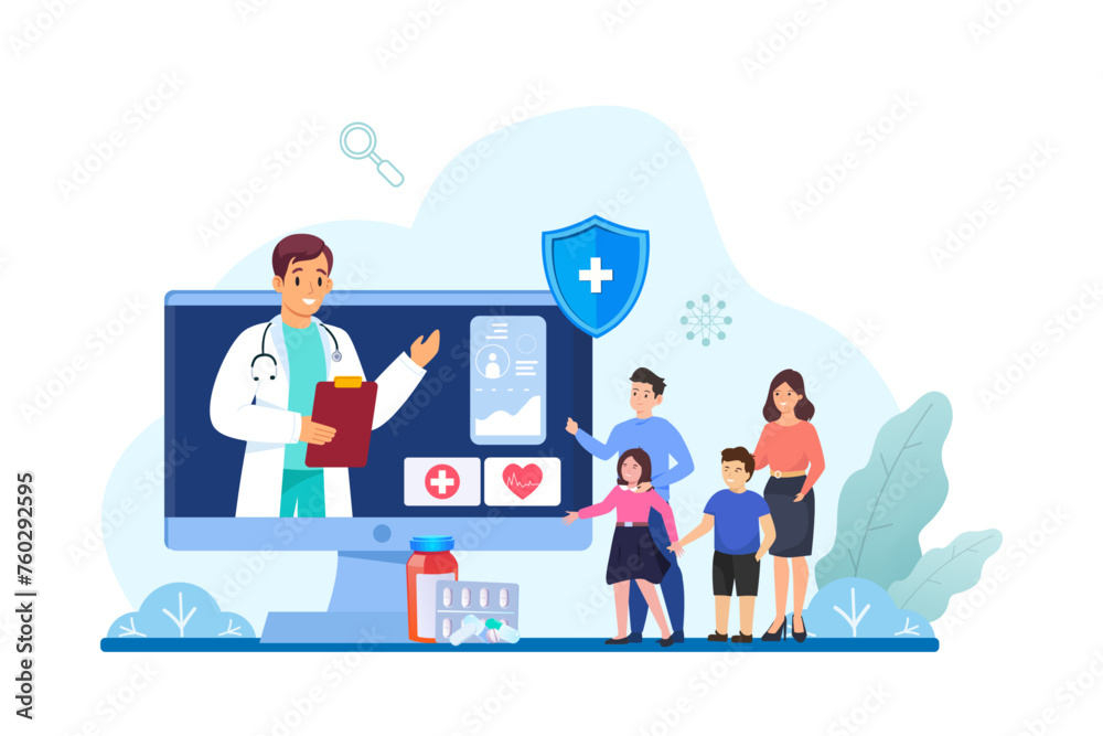 Family health care and life insurance concept. Doctor and family people online medical exam. Healthcare consultation telemedicine service. Vector illustration