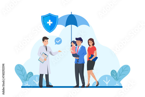 Family health care and life insurance concept. Doctor and family people medical exam holding umbrella with shield protection icon. Vector illustration