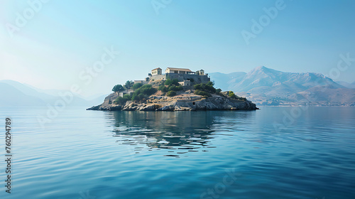 View of the Island of Spinalonga with Calm Sea, Serene Mediterranean Landscape with Rocky Coastline and Blue Sky, Travel and Tourism Destination, Generative AI

 photo